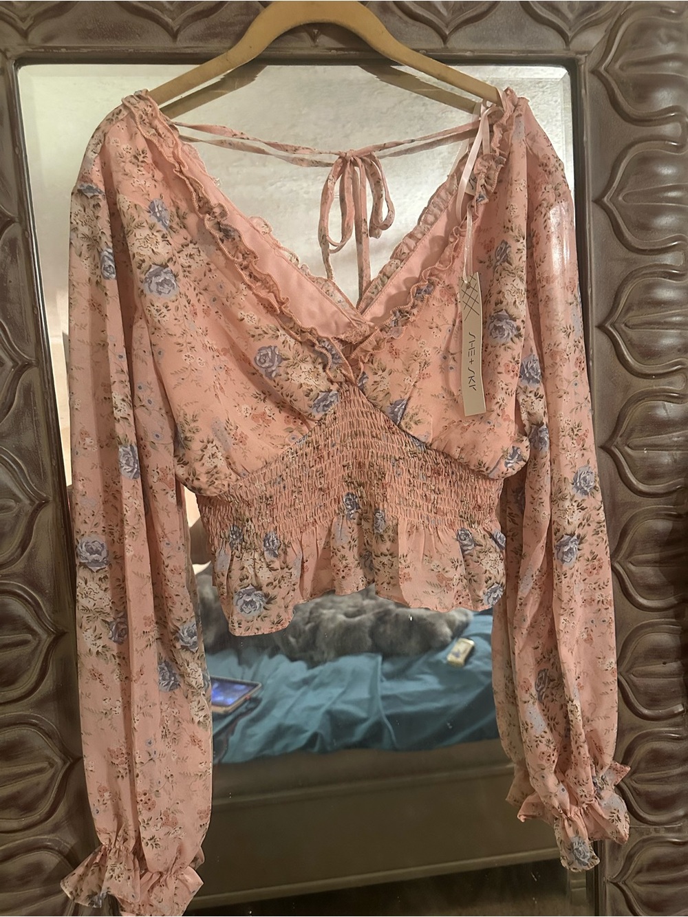 She + Sky Peach Floral Smocked V-Neck sheer Long Sleeve